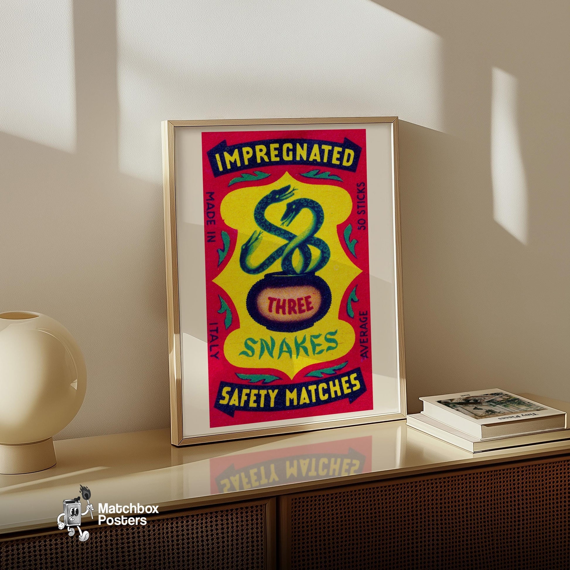 Three Snakes - vintage matchbox label print - size comparison
