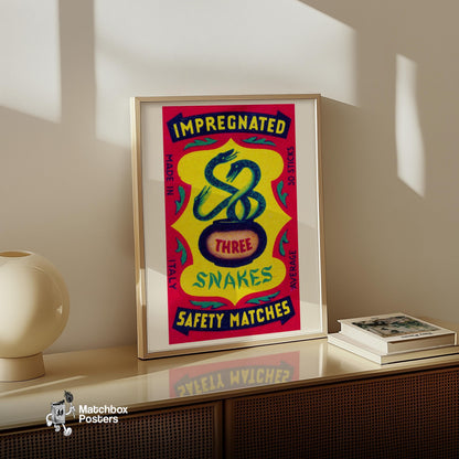 Three Snakes - vintage matchbox label print - size comparison