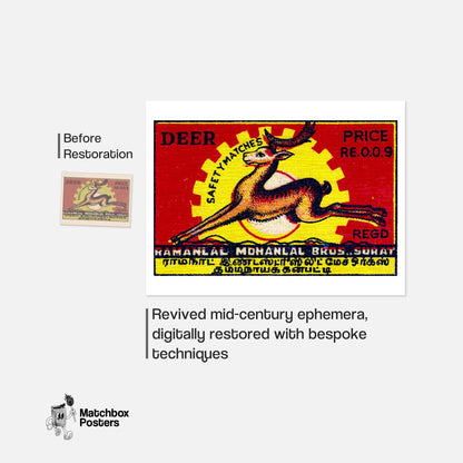 Leaping Deer - vintage matchbox label print - framed wall art preview
