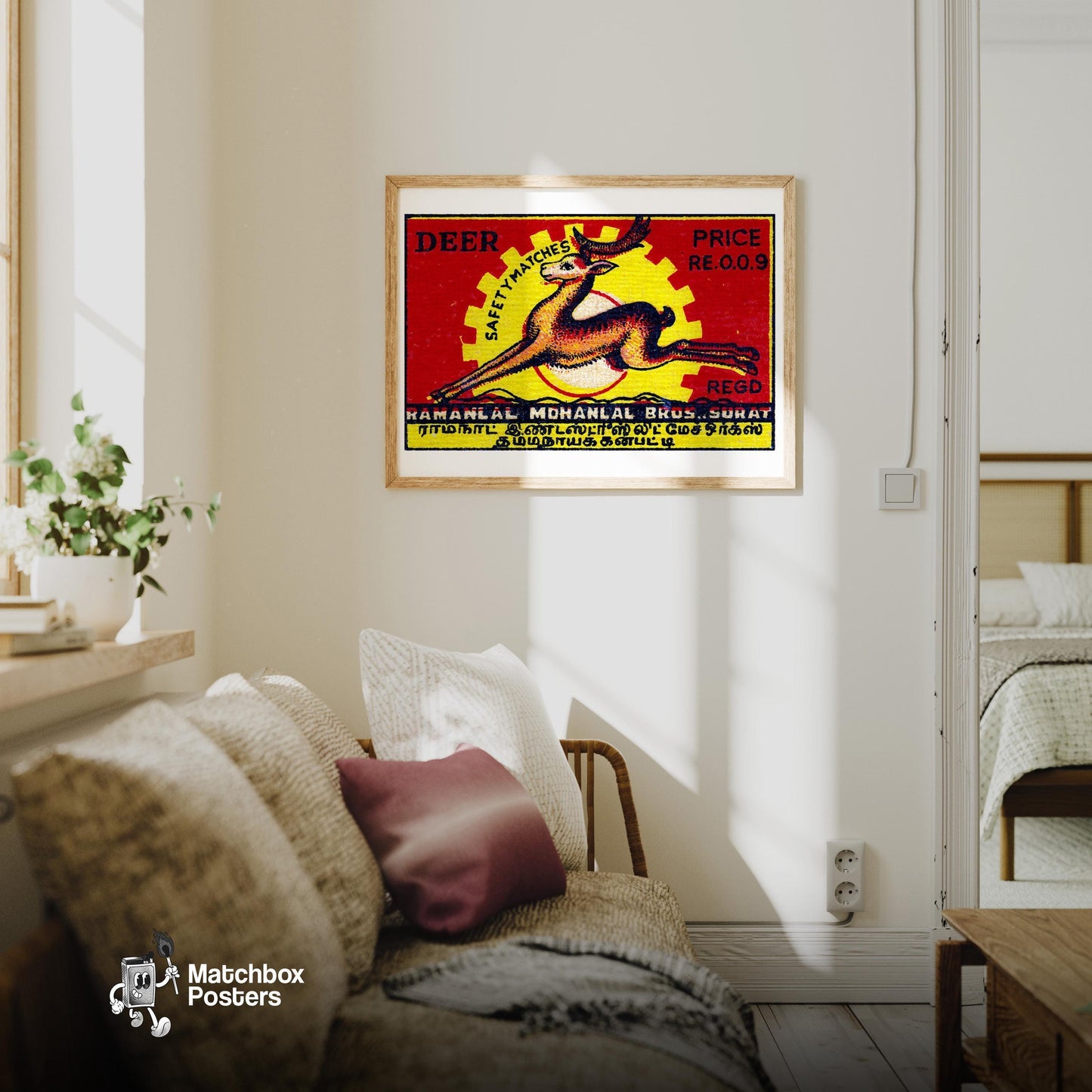 Leaping Deer - vintage matchbox label print - living room mockup