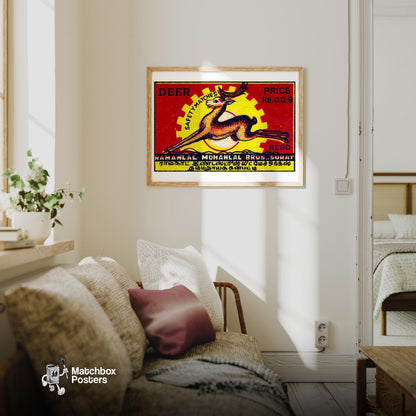 Leaping Deer - vintage matchbox label print - living room mockup