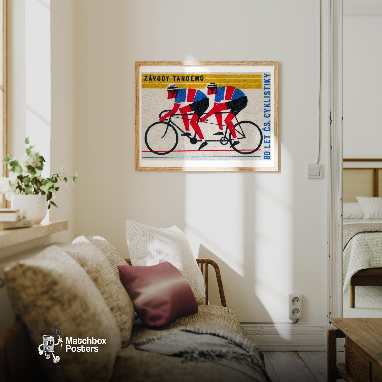 Tandem Cyclists - vintage matchbox label print - living room mockup