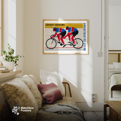 Tandem Cyclists - vintage matchbox label print - living room mockup