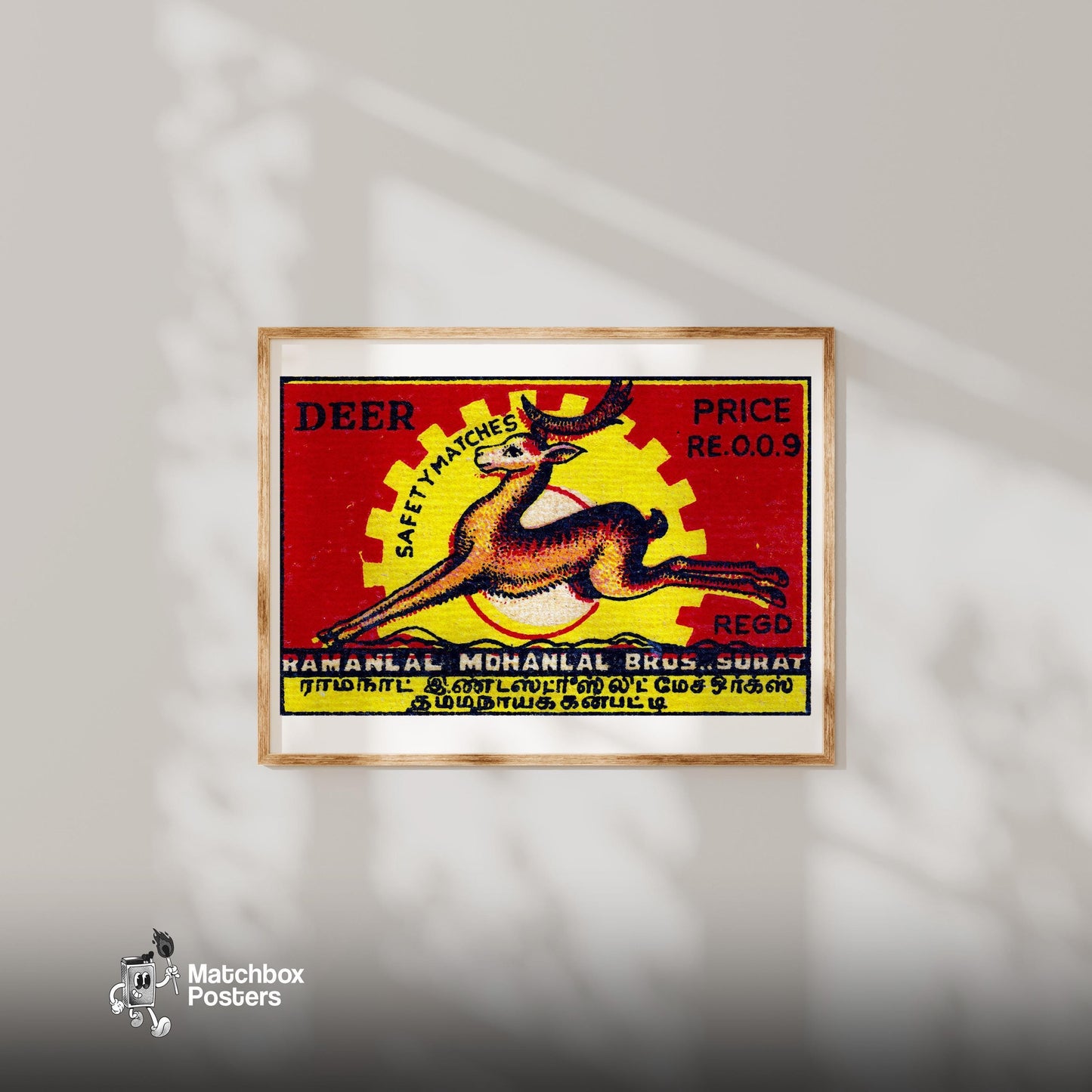 Leaping Deer - vintage matchbox label print - bedroom mockup