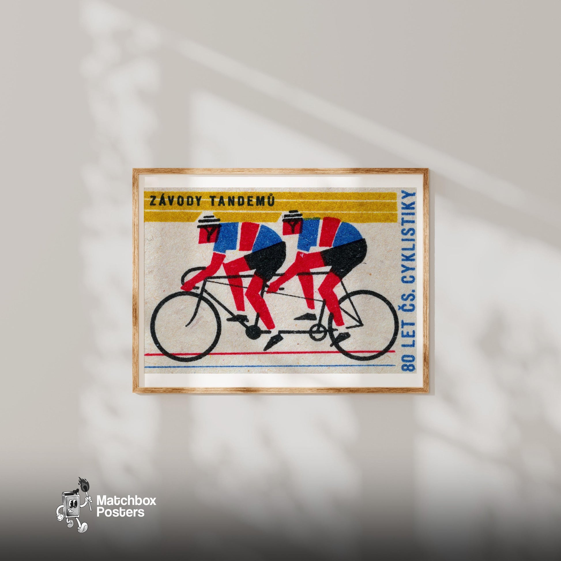 Tandem Cyclists - vintage matchbox label print - bedroom mockup