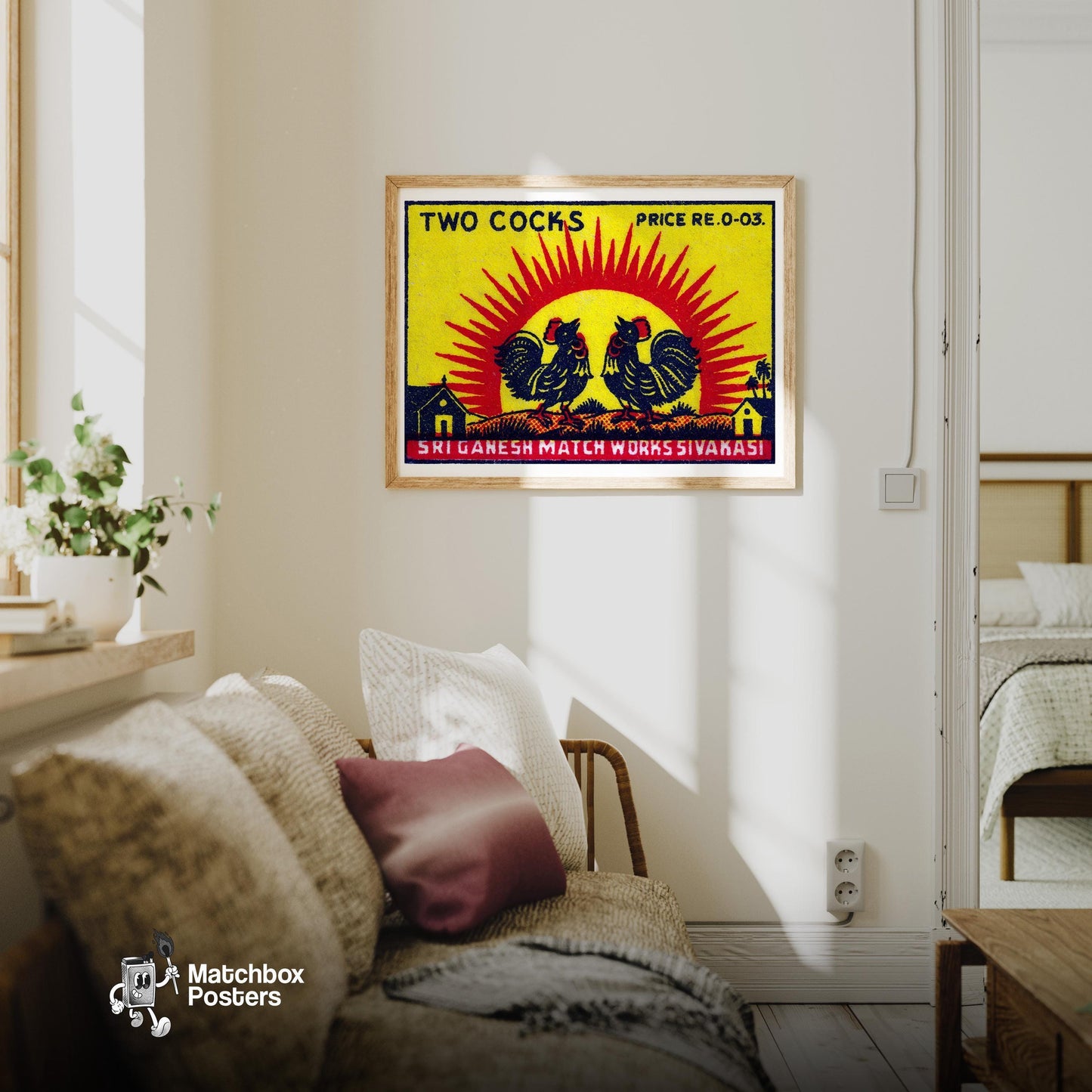 Two Roosters - vintage matchbox label print - living room mockup