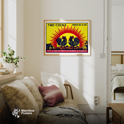 Two Roosters - vintage matchbox label print - living room mockup