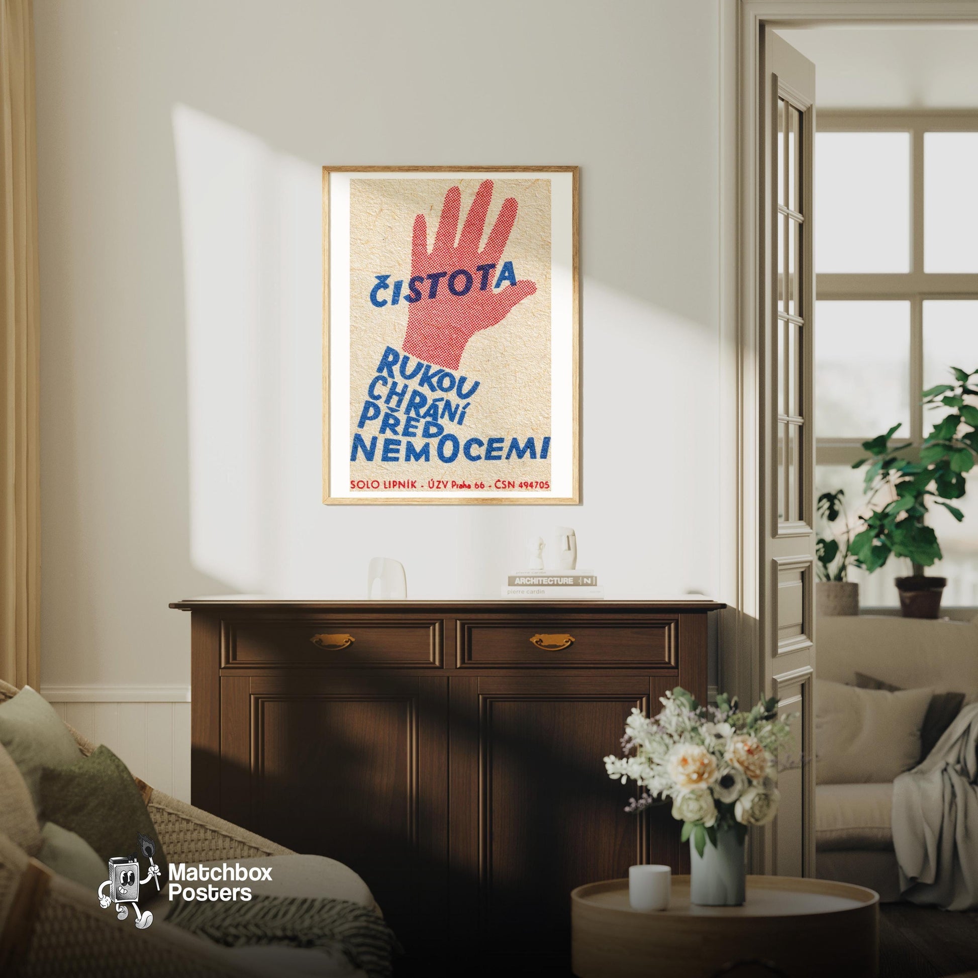 Clean Hands Prevent Disease - vintage matchbox label print - living room mockup