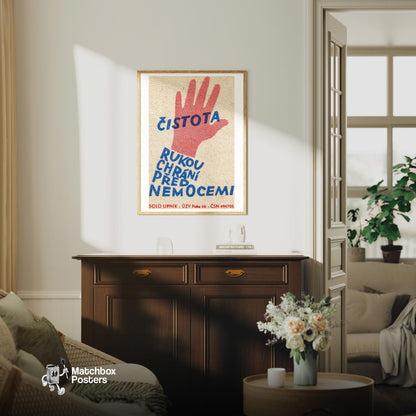 Clean Hands Prevent Disease - vintage matchbox label print - living room mockup