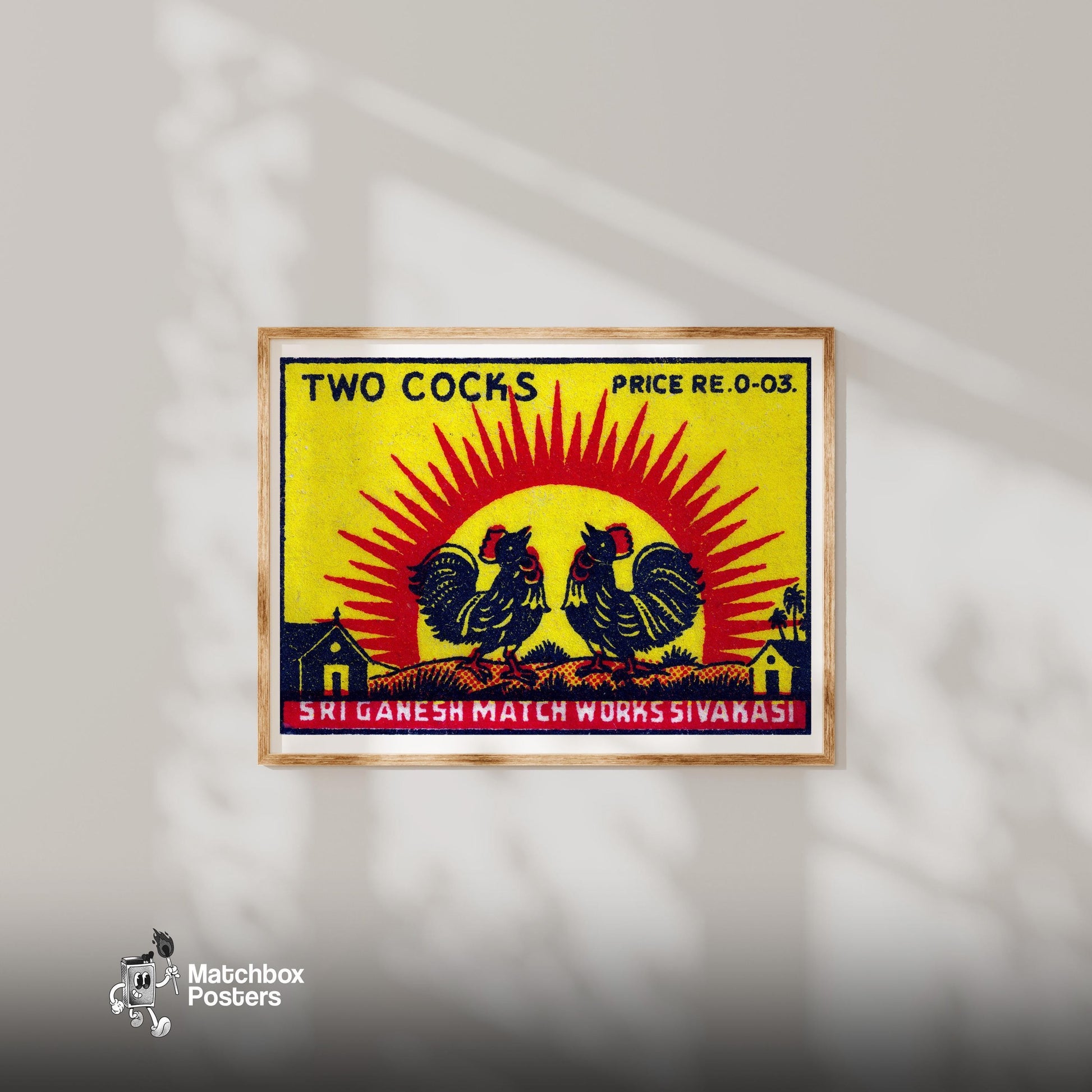 Two Roosters - vintage matchbox label print - bedroom mockup