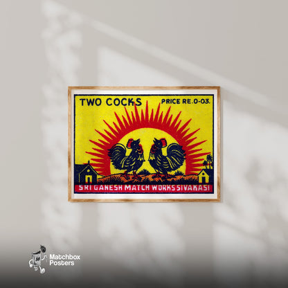 Two Roosters - vintage matchbox label print - bedroom mockup