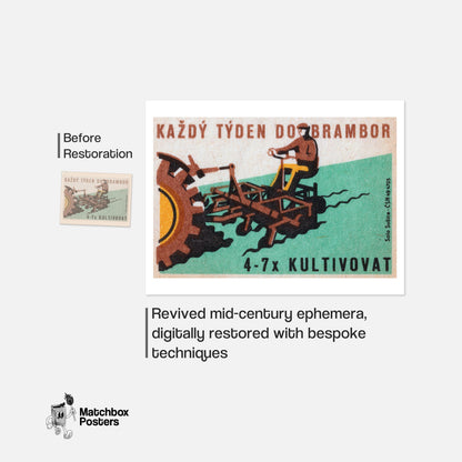 Tractor Ploughing - vintage matchbox label print - framed wall art preview