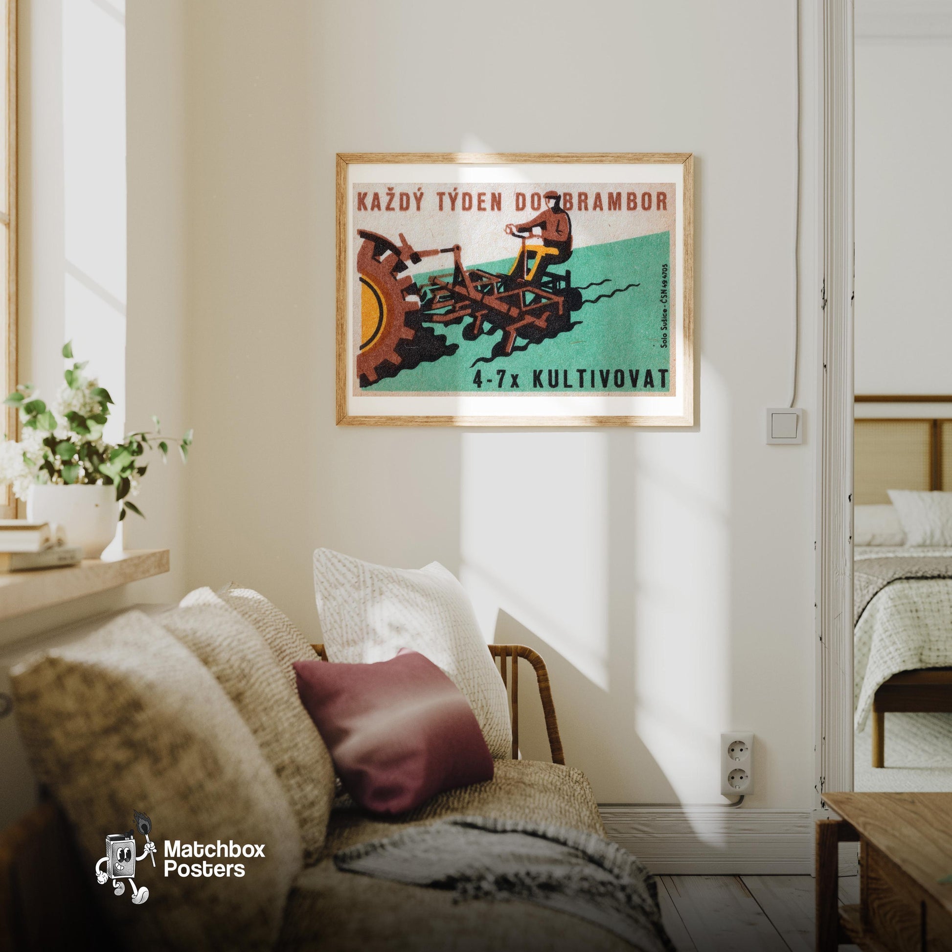 Tractor Ploughing - vintage matchbox label print - living room mockup