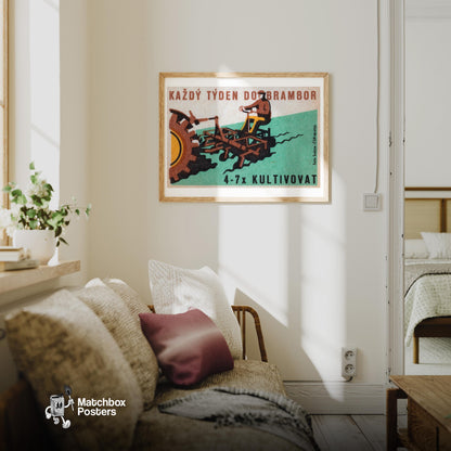 Tractor Ploughing - vintage matchbox label print - living room mockup