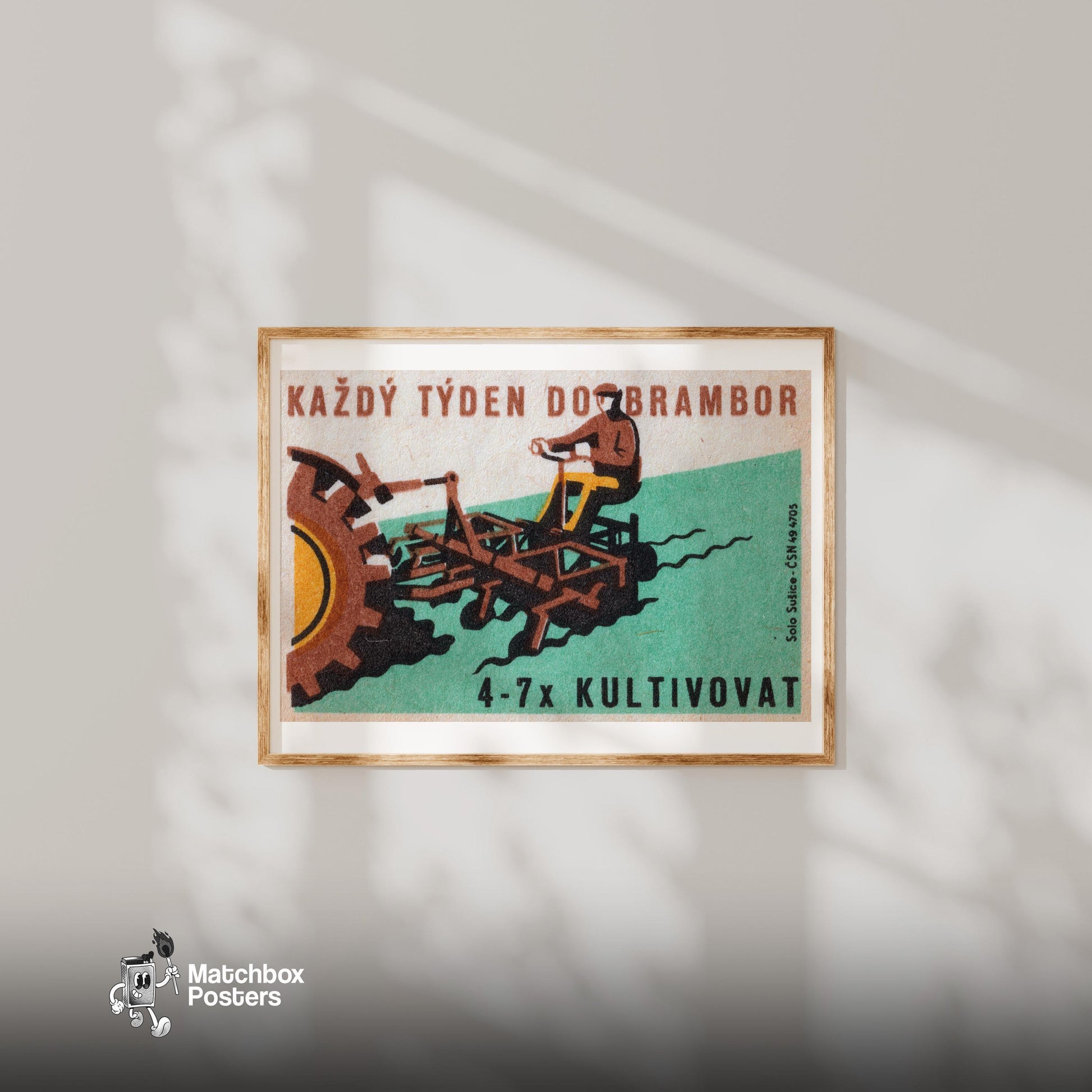 Tractor Ploughing - vintage matchbox label print - bedroom mockup