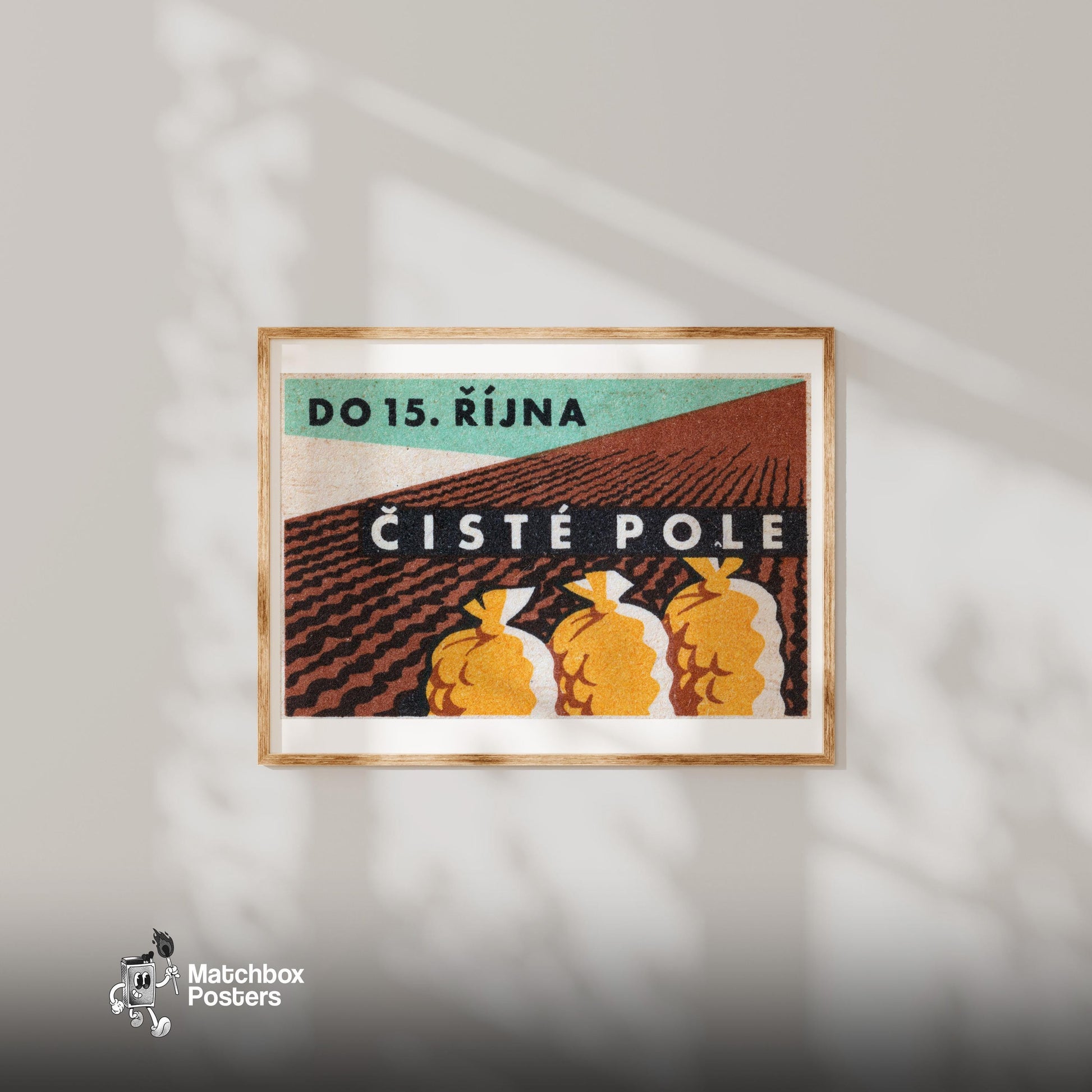Harvested Potatoes in Sack - vintage matchbox label print - bedroom mockup