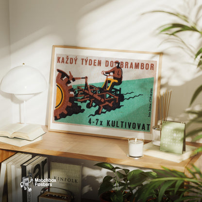 Tractor Ploughing - vintage matchbox label print - office wall