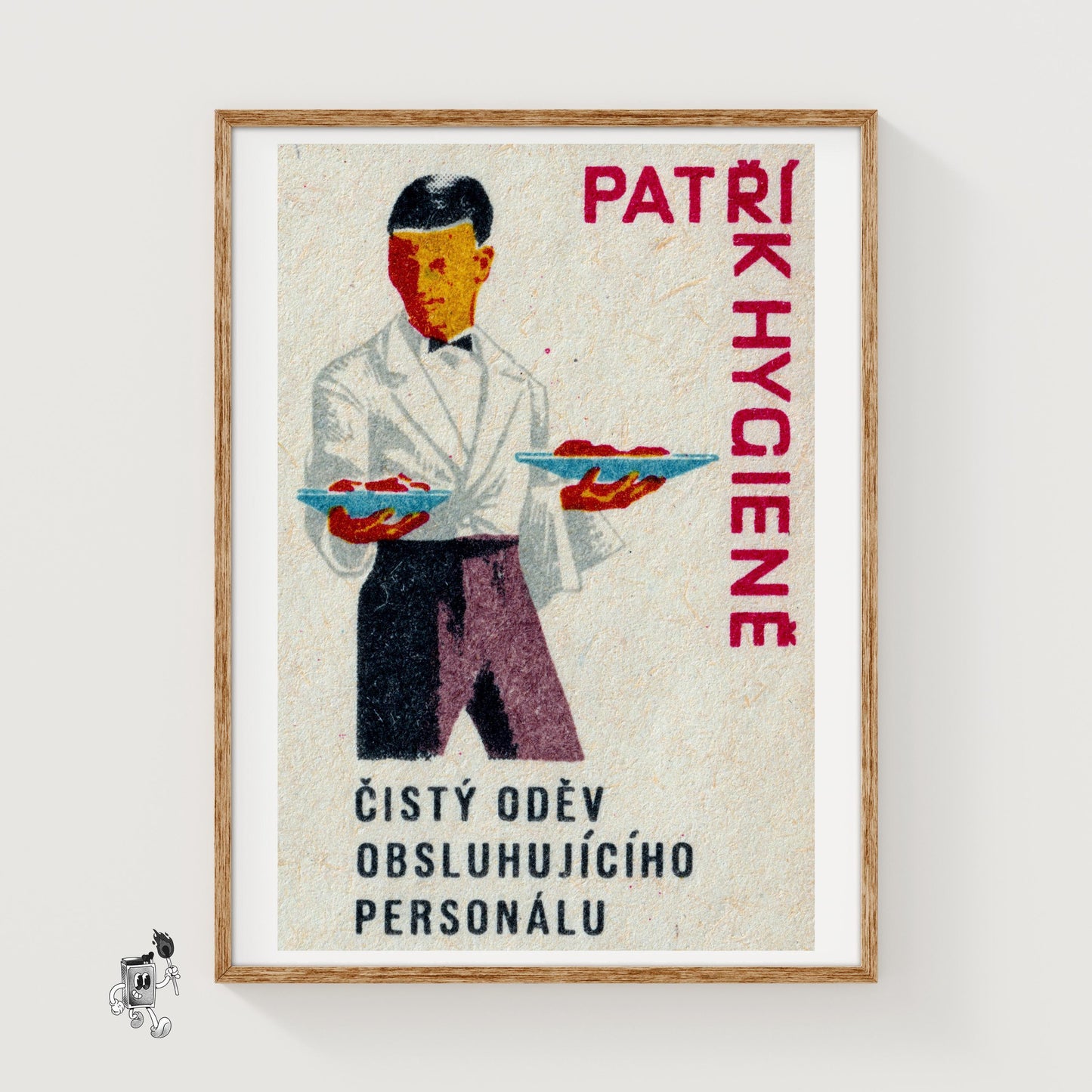 Waiter Holding Plates - vintage matchbox label print