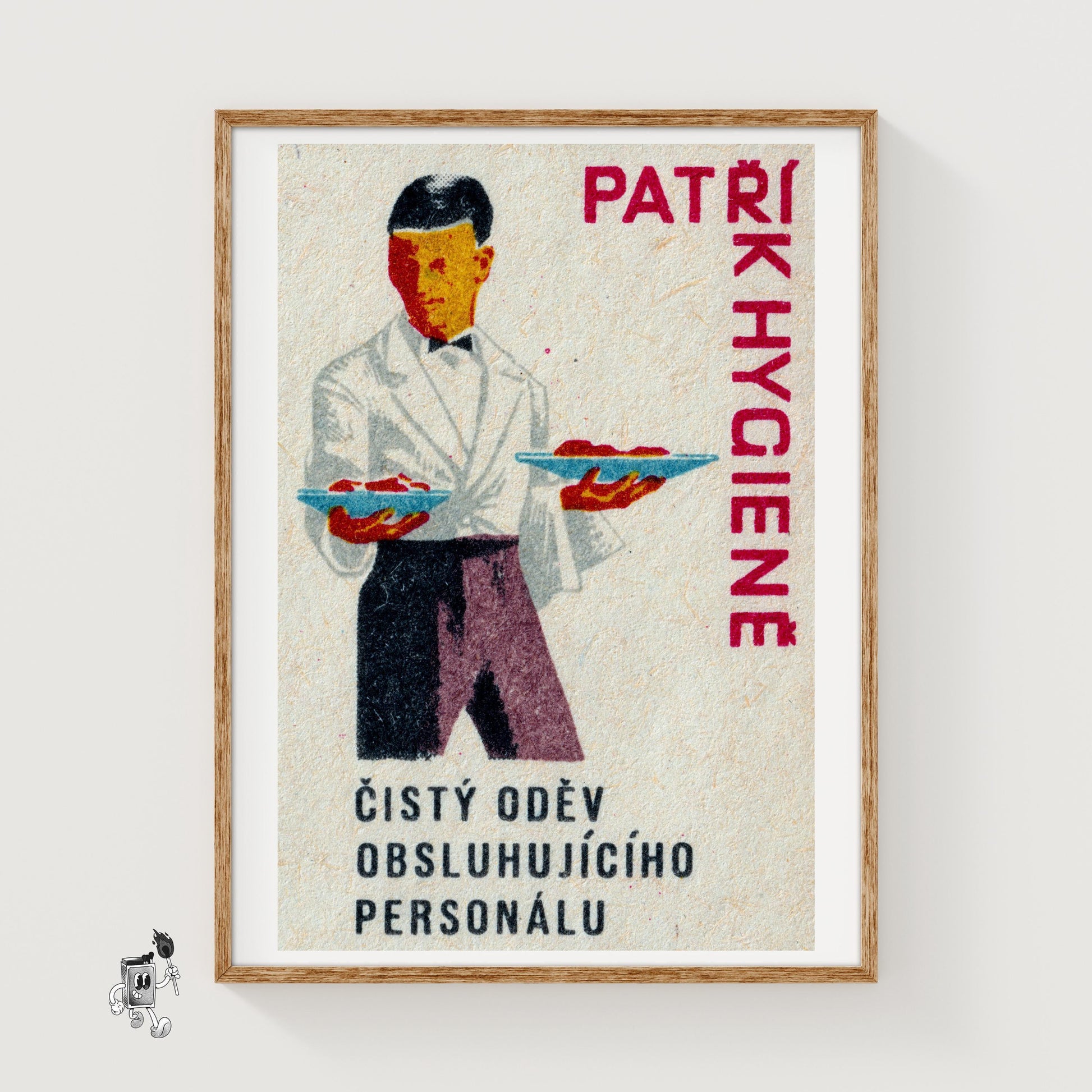 Waiter Holding Plates - vintage matchbox label print