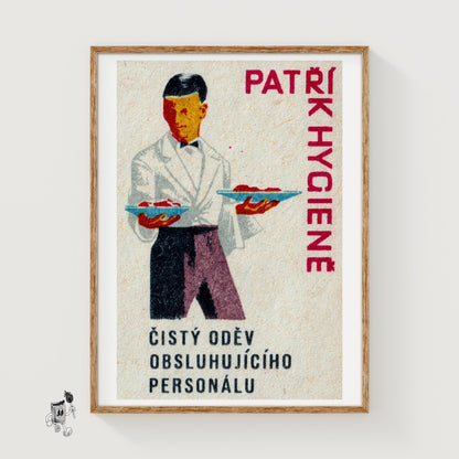 Waiter Holding Plates - vintage matchbox label print