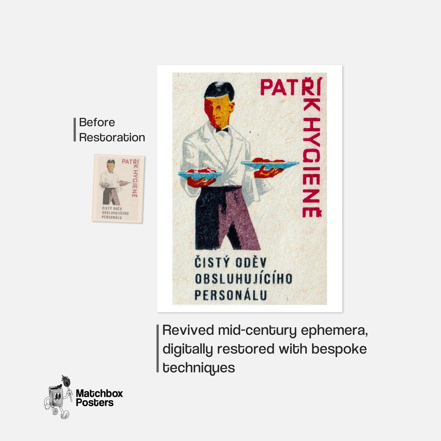 Waiter Holding Plates - vintage matchbox label print - framed wall art preview