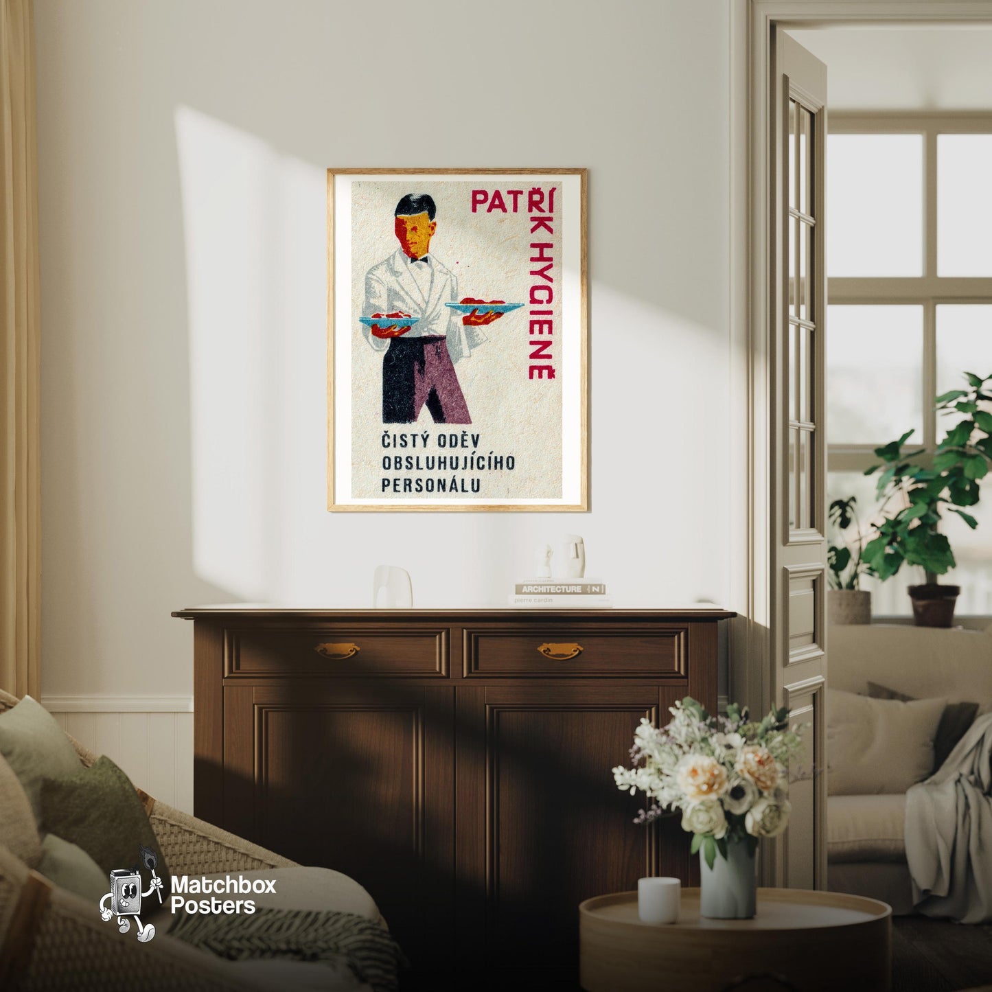 Waiter Holding Plates - vintage matchbox label print - living room mockup