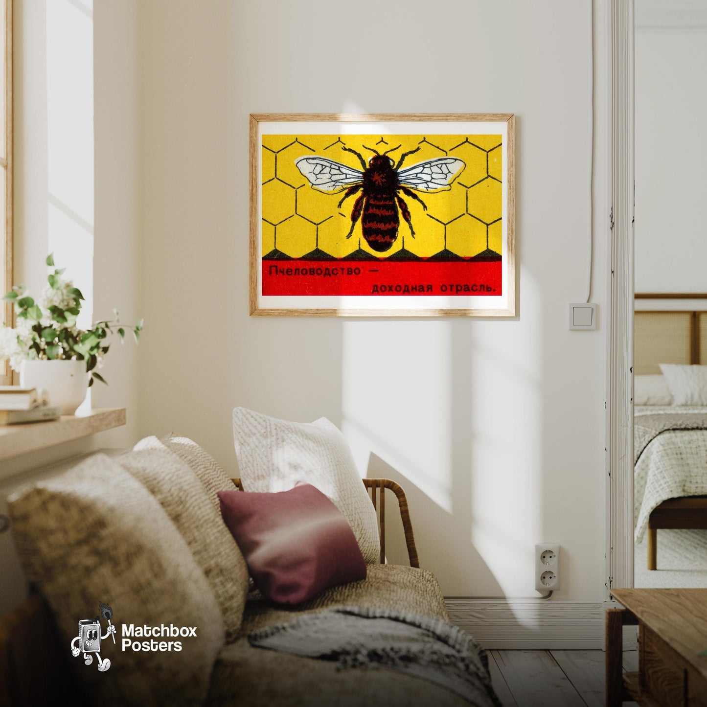 Bee on Honeycomb - vintage matchbox label print - living room mockup