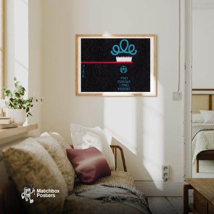 Red Toothbrush - vintage matchbox label print - living room mockup