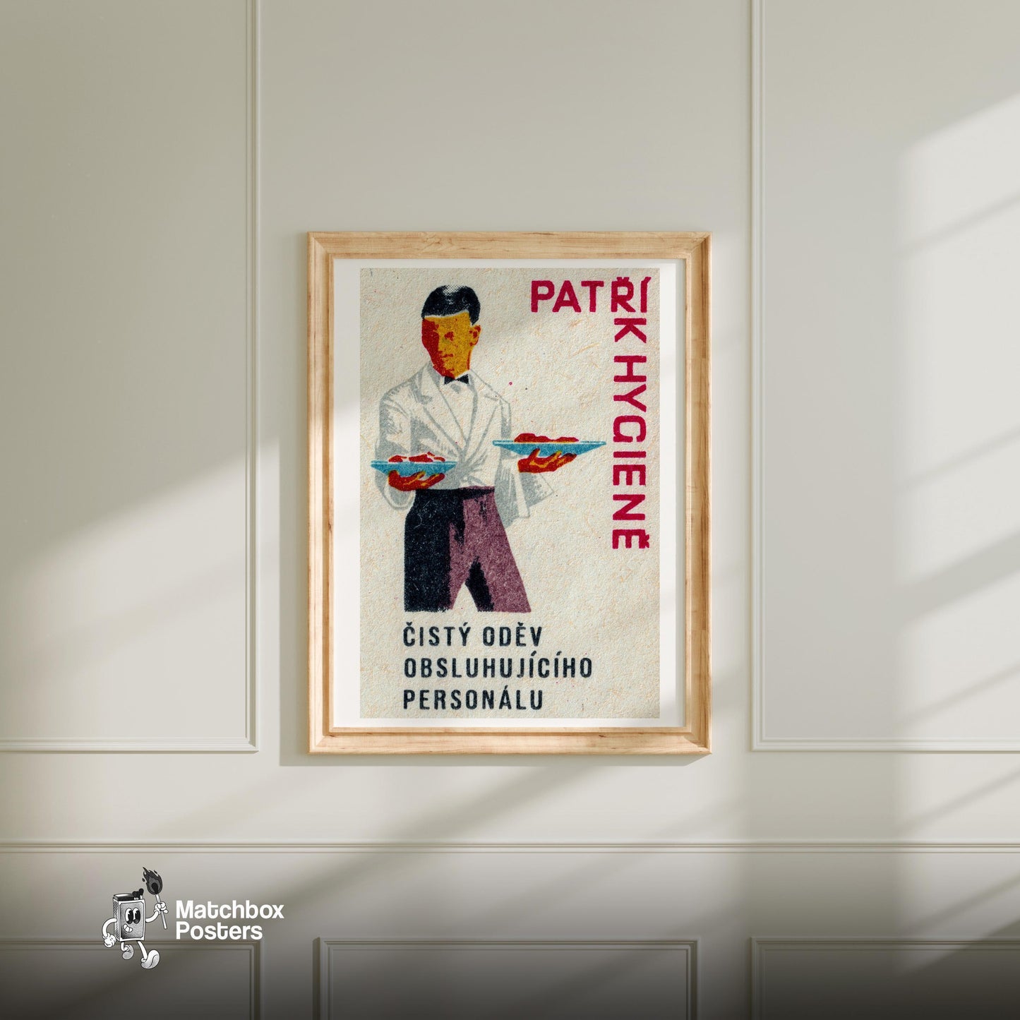 Waiter Holding Plates - vintage matchbox label print - bedroom mockup