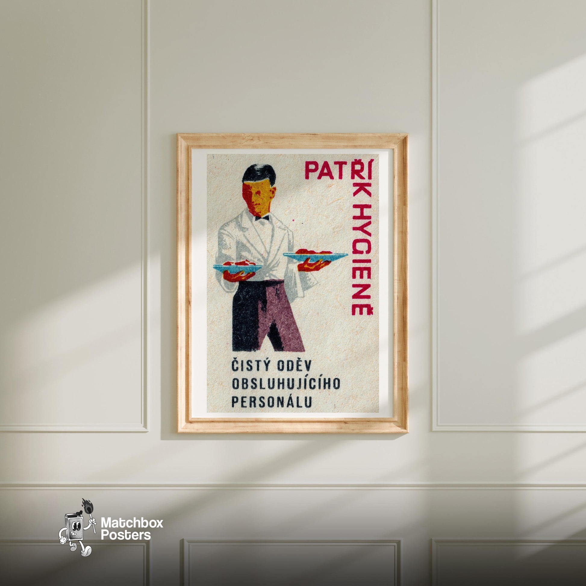 Waiter Holding Plates - vintage matchbox label print - bedroom mockup