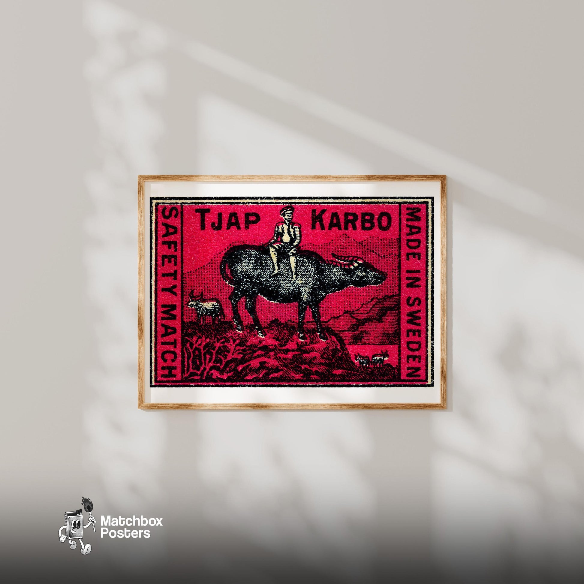 Farmer on Buffalo - vintage matchbox label print - bedroom mockup