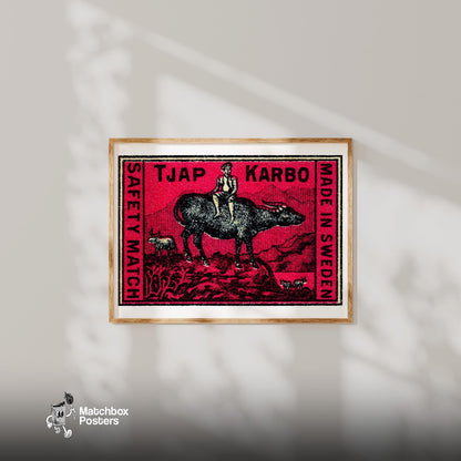 Farmer on Buffalo - vintage matchbox label print - bedroom mockup
