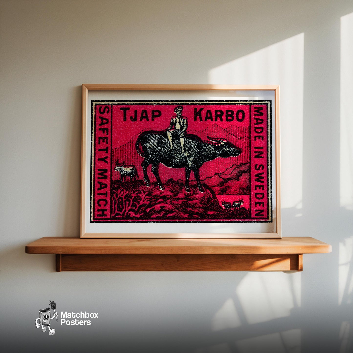 Farmer on Buffalo - vintage matchbox label print - size comparison