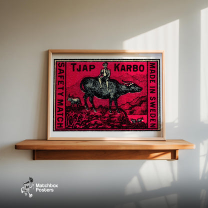 Farmer on Buffalo - vintage matchbox label print - size comparison