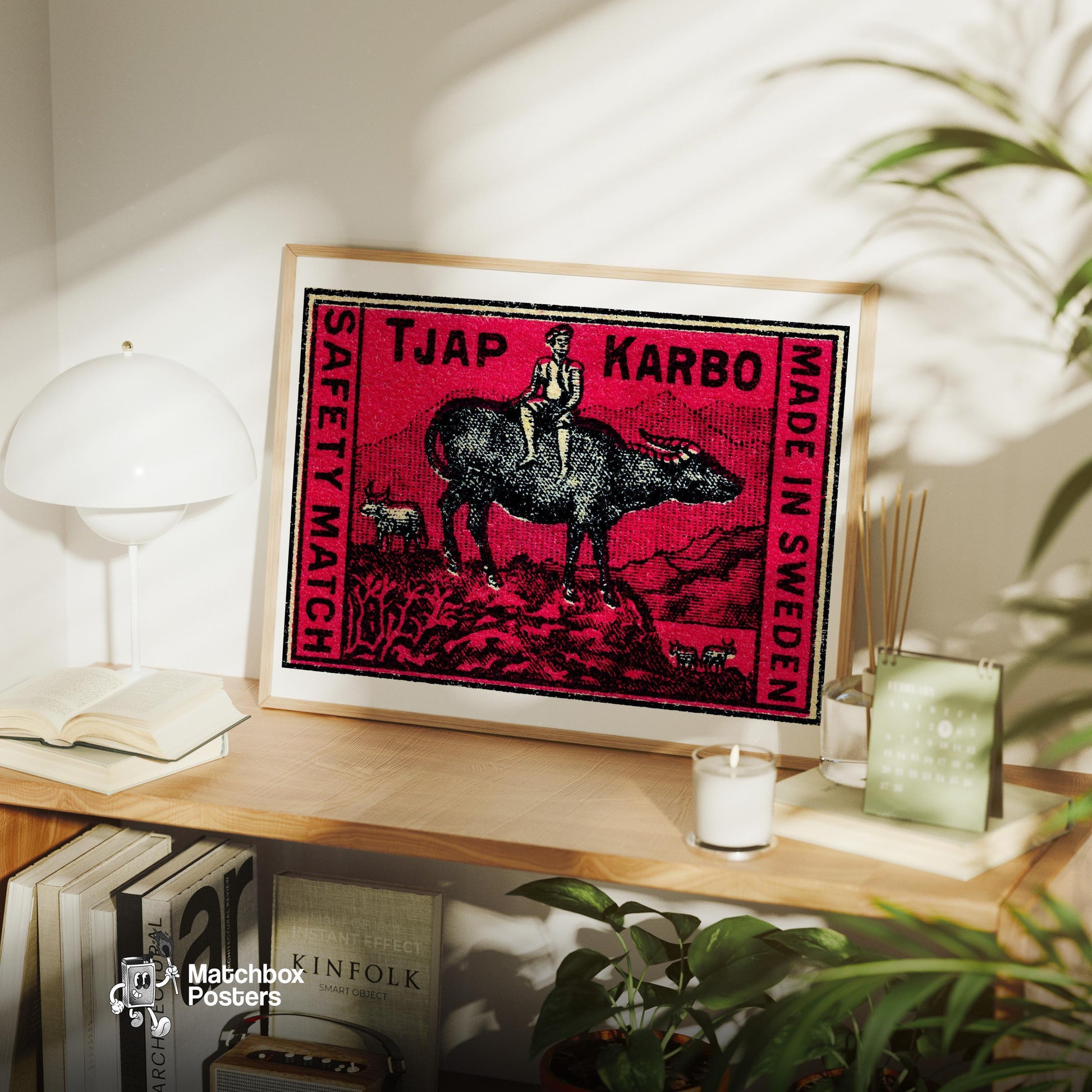 Farmer on Buffalo - vintage matchbox label print - office wall