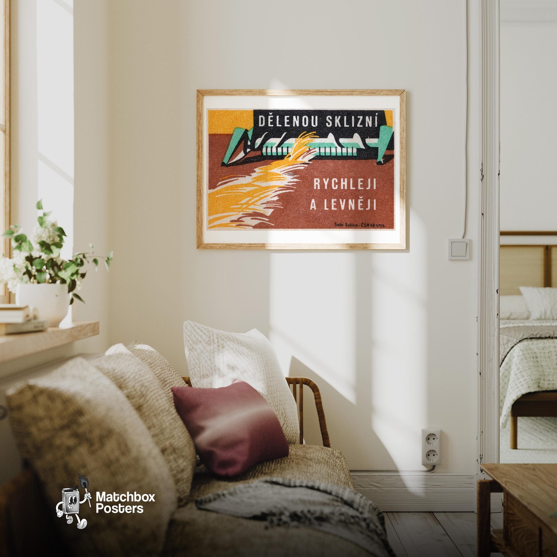 Grain Harvester - vintage matchbox label print - living room mockup