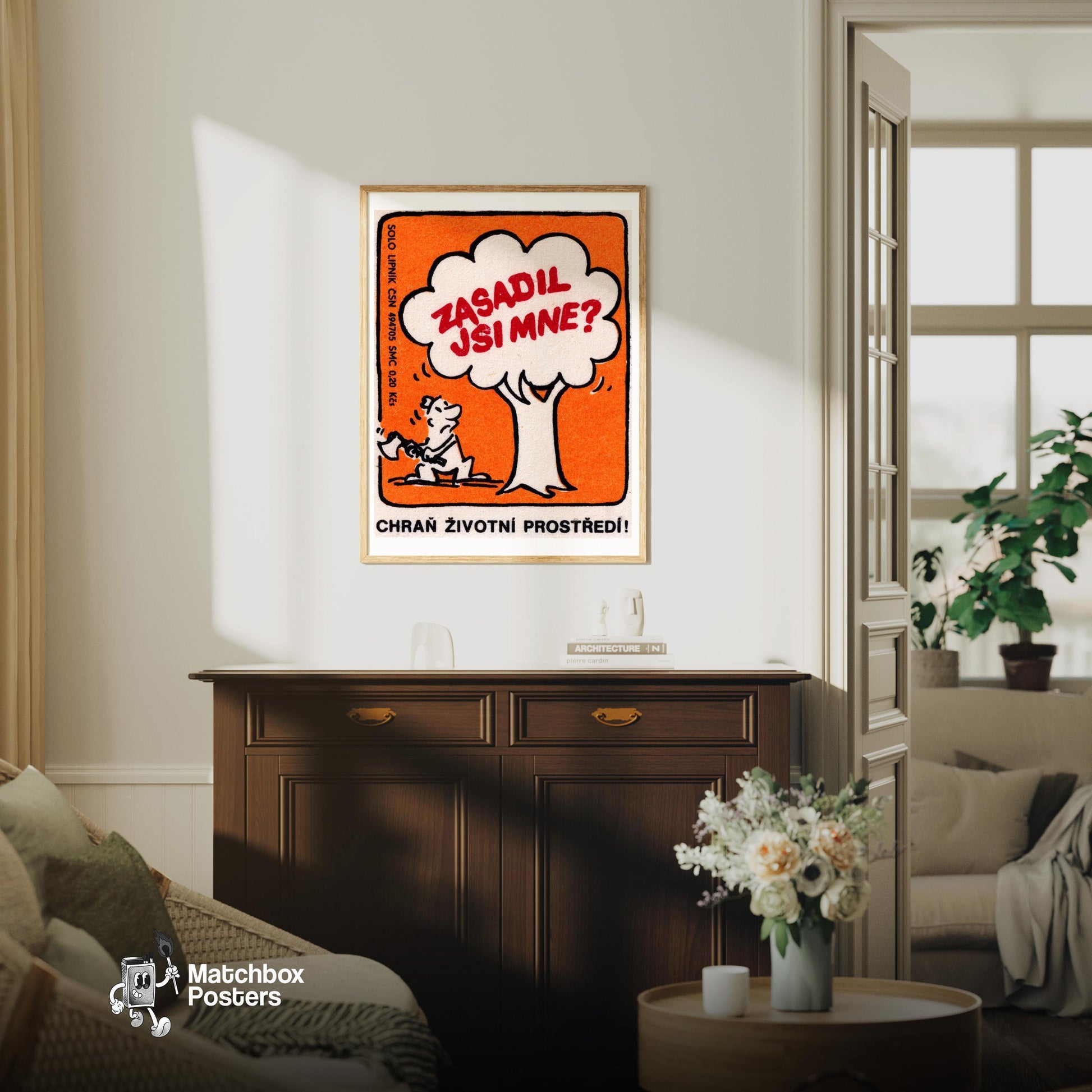 Man Chopping Tree - vintage matchbox label print - living room mockup