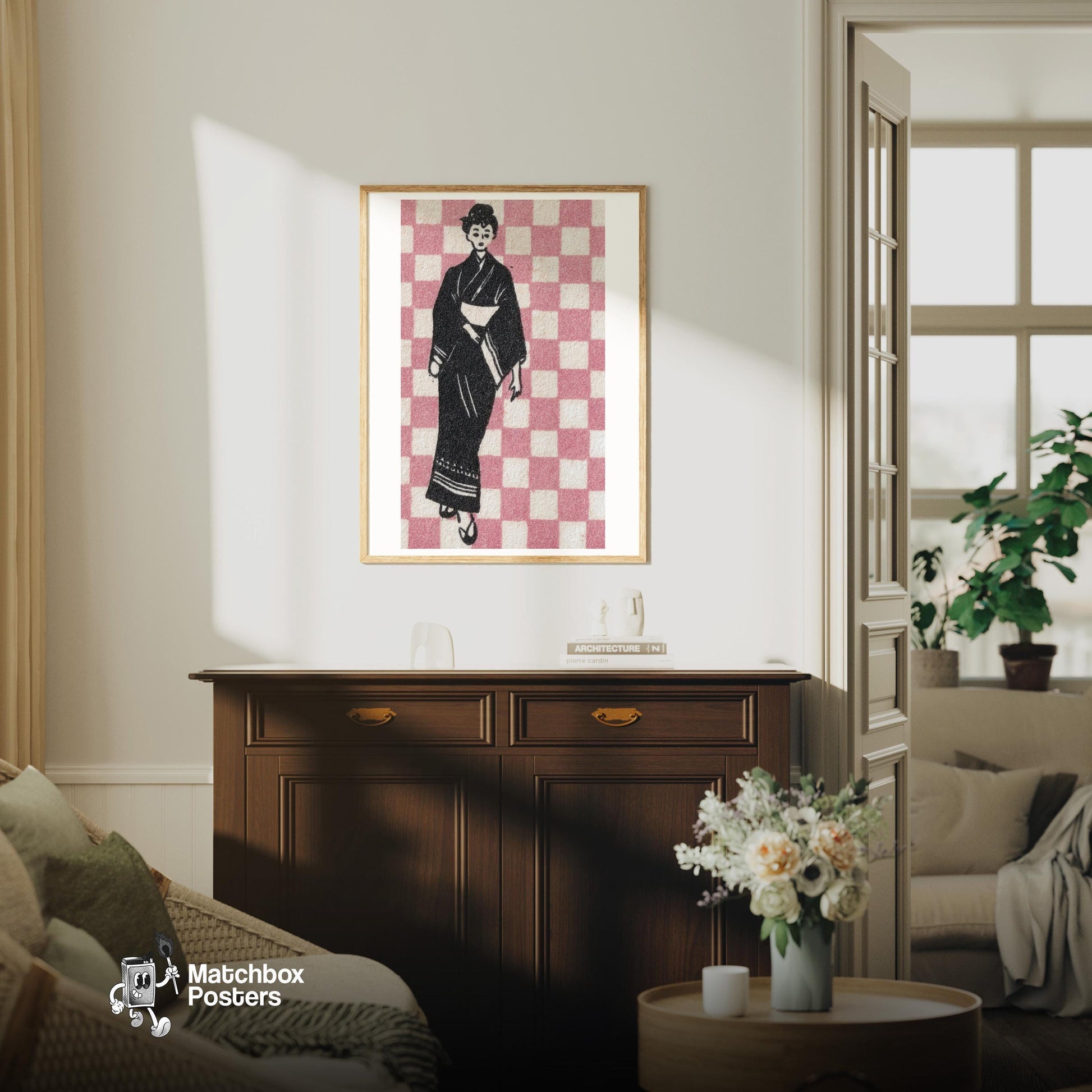 Geisha - vintage matchbox label print - living room mockup