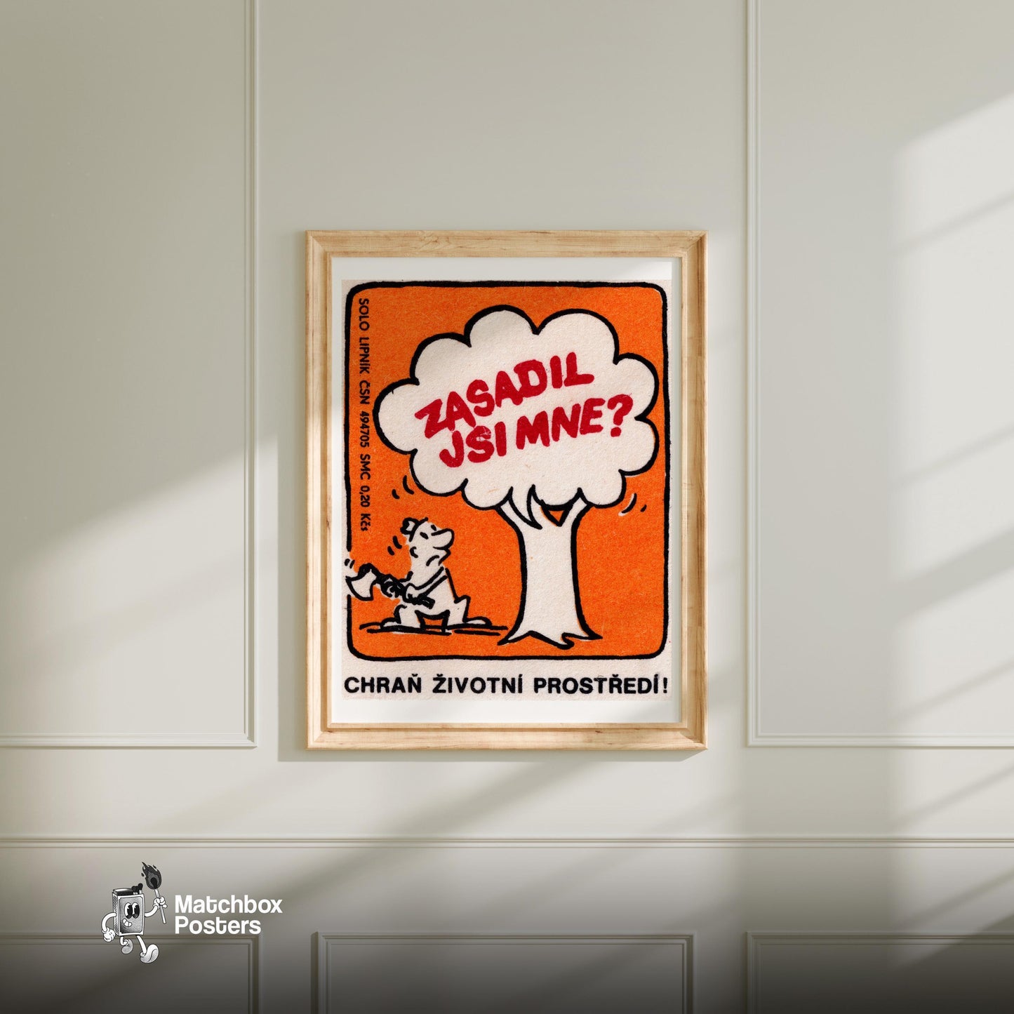 Man Chopping Tree - vintage matchbox label print - bedroom mockup