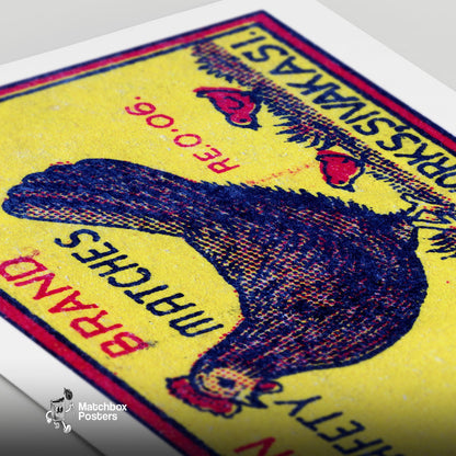 Hen and Chicks - vintage matchbox label print - close-up detail