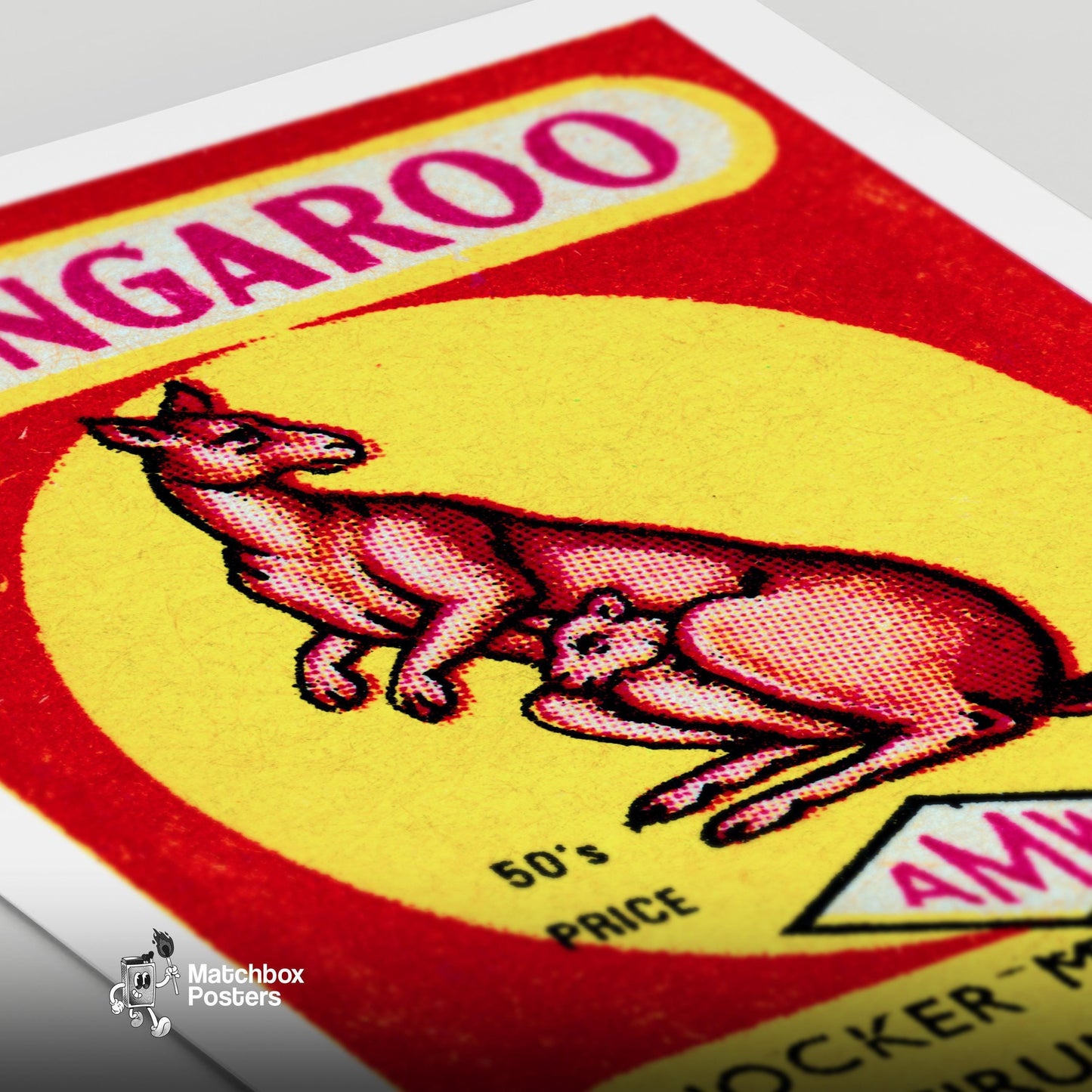 Kangaroo with Joey - vintage matchbox label print - close-up detail