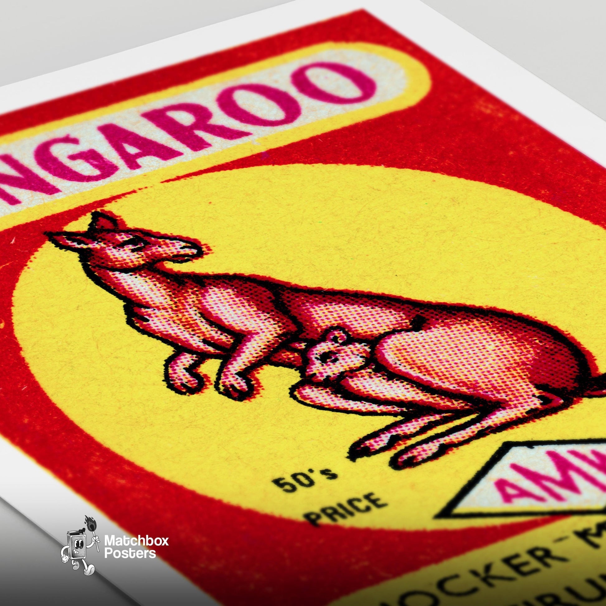 Kangaroo with Joey - vintage matchbox label print - close-up detail