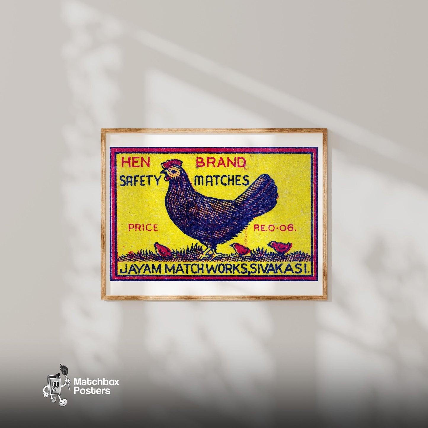 Hen and Chicks - vintage matchbox label print - bedroom mockup