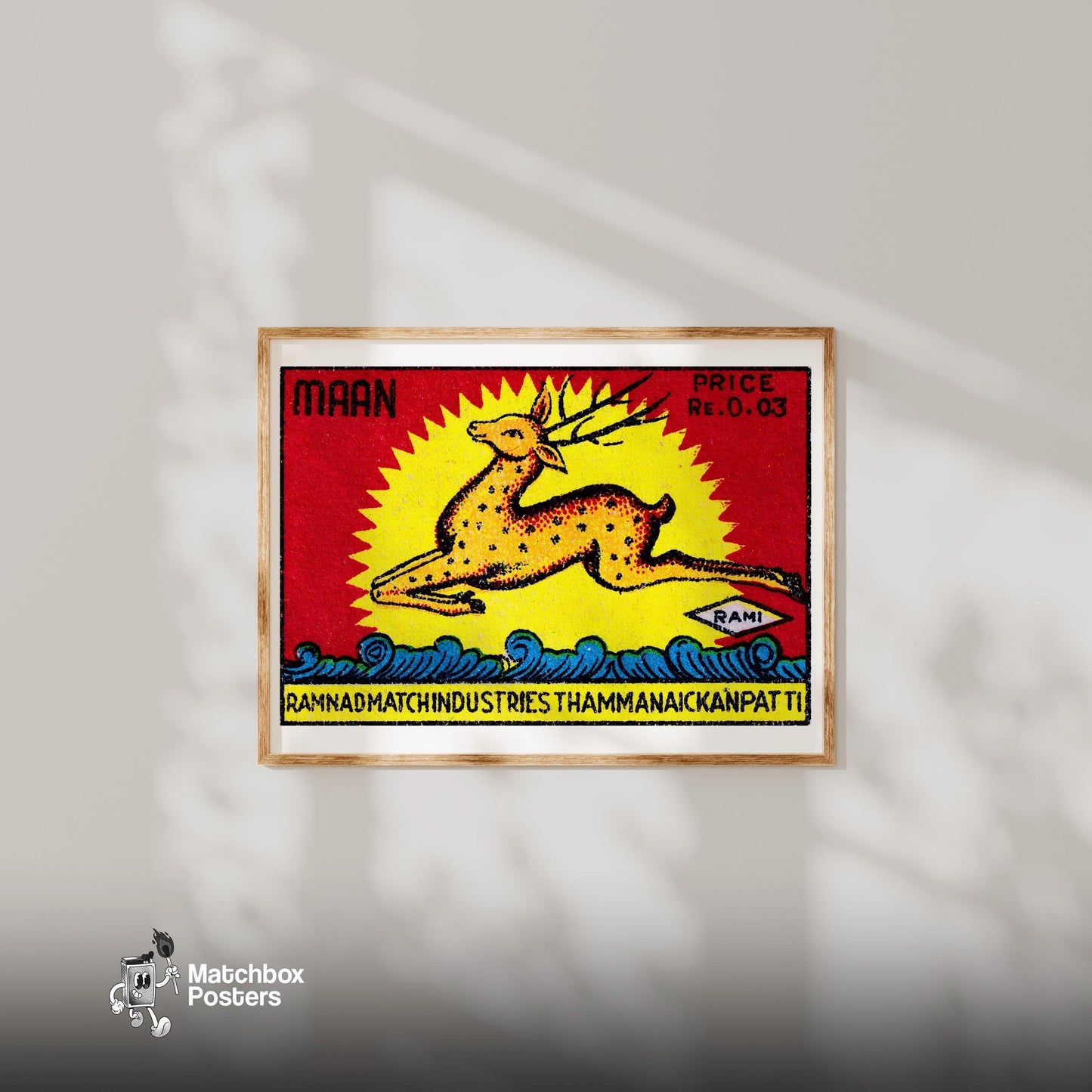 Leaping Deer - vintage matchbox label print - bedroom mockup