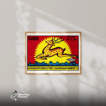 Leaping Deer - vintage matchbox label print - bedroom mockup