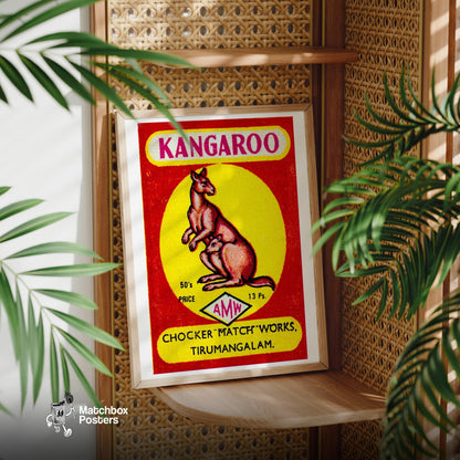 Kangaroo with Joey - vintage matchbox label print - office wall