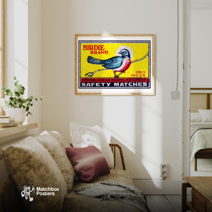 Red Chested Bird - vintage matchbox label print - living room mockup
