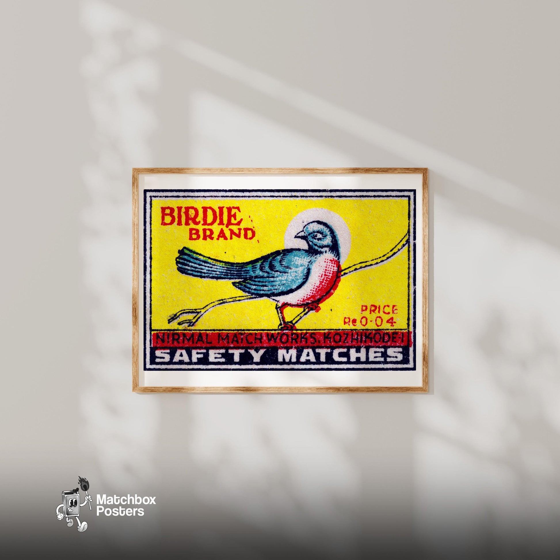 Red Chested Bird - vintage matchbox label print - bedroom mockup