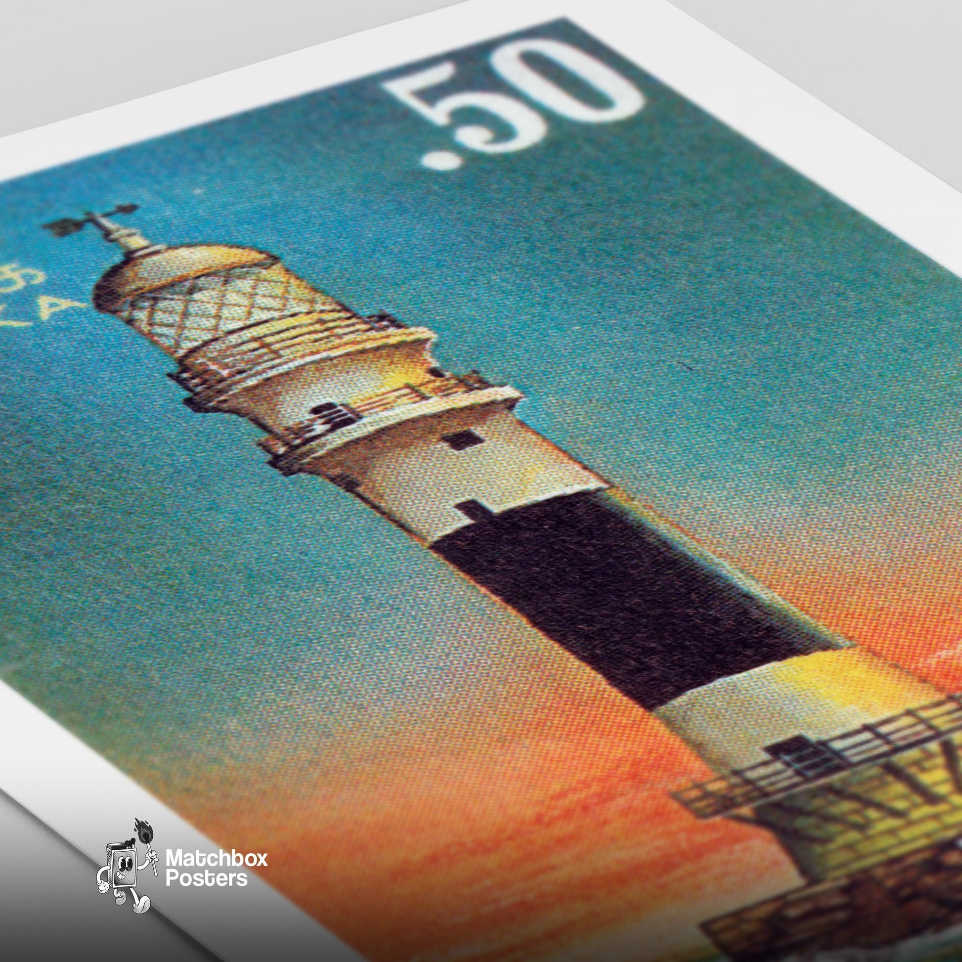 Lighthouse - vintage matchbox label print - close-up detail