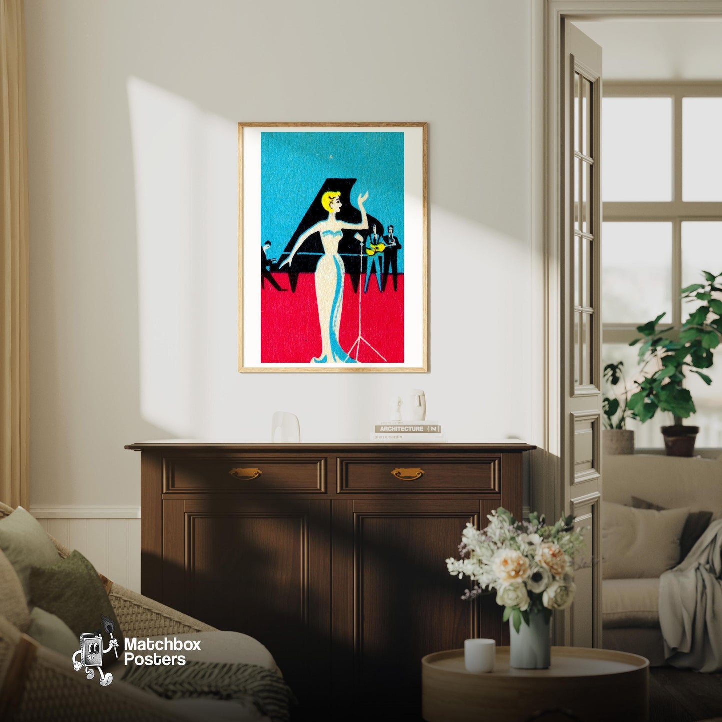 Opera Singer - vintage matchbox label print - living room mockup